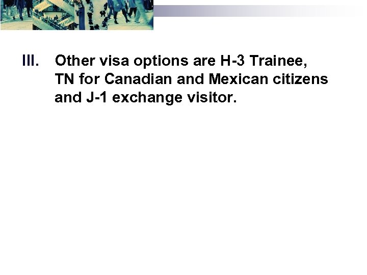 III. Other visa options are H-3 Trainee, TN for Canadian and Mexican citizens and
