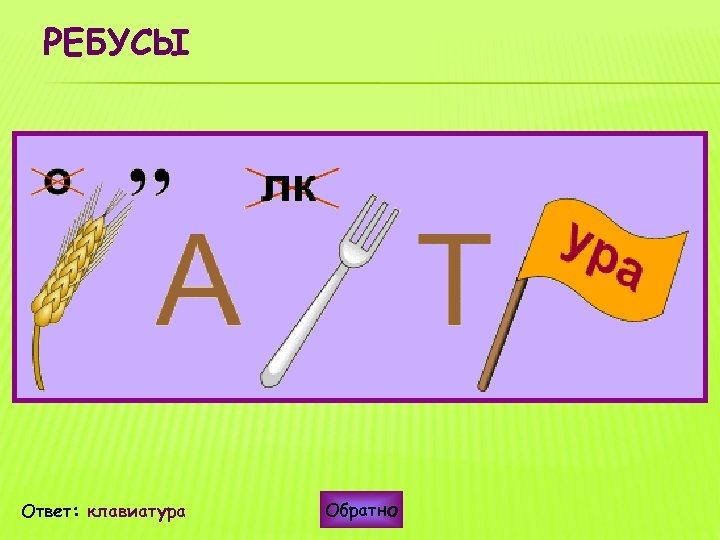 РЕБУСЫ Ответ: клавиатура Обратно 
