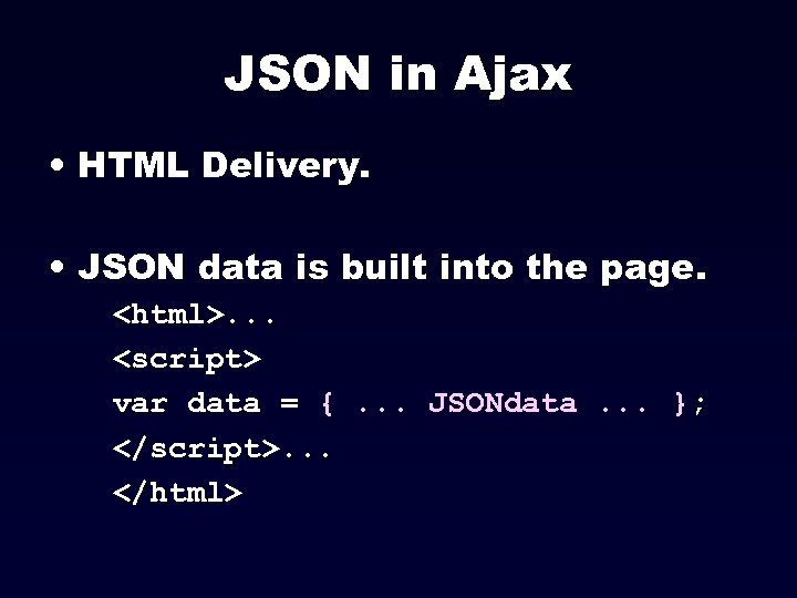 JSON in Ajax • HTML Delivery. • JSON data is built into the page.