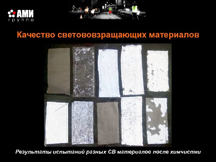 Качество светововзращающих материалов Результаты испытаний разных СВ материалов после химчистки 