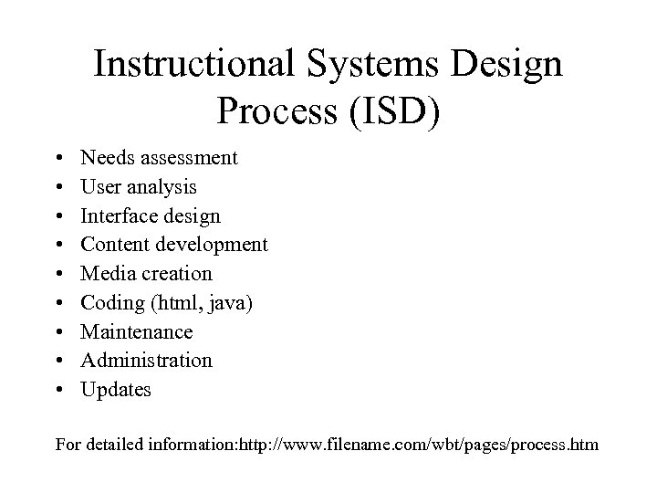 Instructional Systems Design Process (ISD) • • • Needs assessment User analysis Interface design