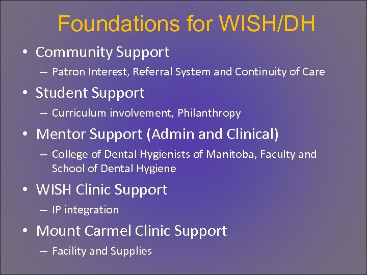 Foundations for WISH/DH • Community Support – Patron Interest, Referral System and Continuity of