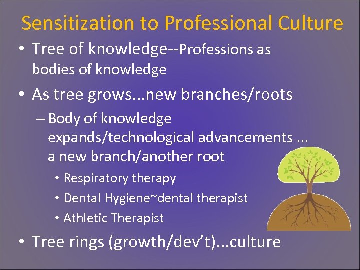 Sensitization to Professional Culture • Tree of knowledge--Professions as bodies of knowledge • As