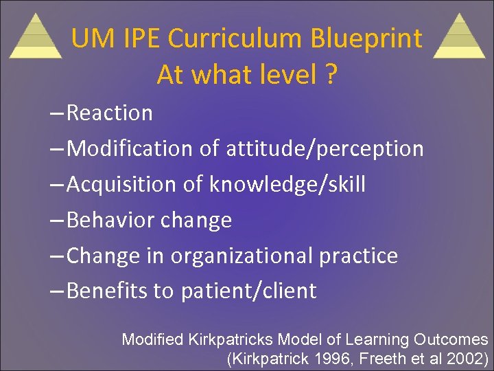 UM IPE Curriculum Blueprint At what level ? – Reaction – Modification of attitude/perception
