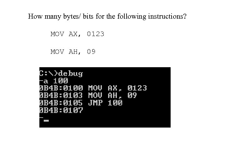 How many bytes/ bits for the following instructions? MOV AX, 0123 MOV AH, 09