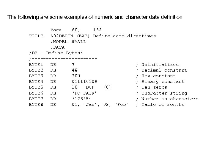 The following are some examples of numeric and character data definition Page 60, 132