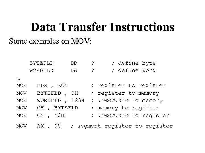 Data Transfer Instructions Some examples on MOV: BYTEFLD WORDFLD DB DW … MOV EDX