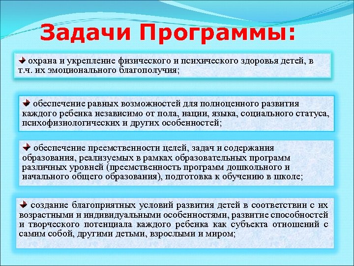 Задачи Программы: охрана и укрепление физического и психического здоровья детей, в т. ч. их