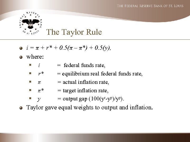 The Taylor Rule i = π + r* + 0. 5(π – π*) +