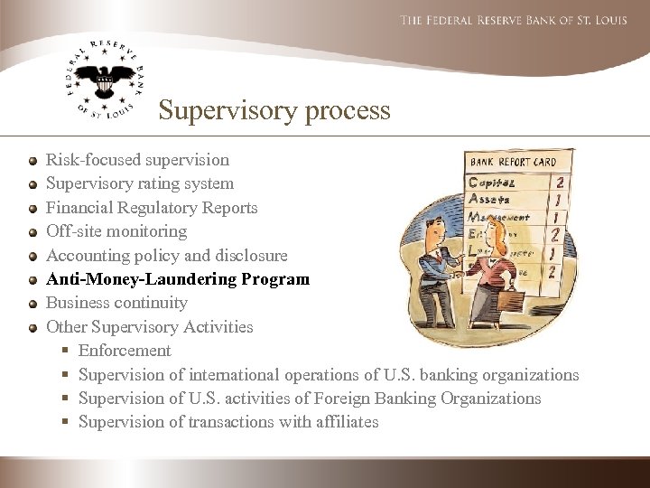 Supervisory process Risk-focused supervision Supervisory rating system Financial Regulatory Reports Off-site monitoring Accounting policy