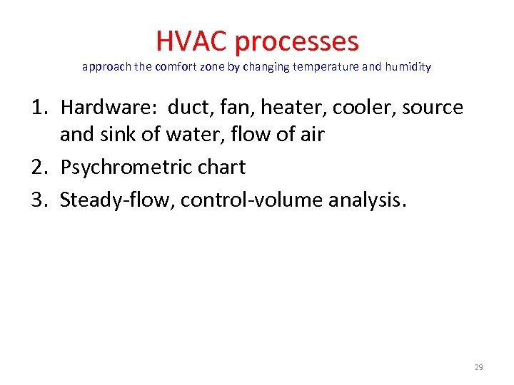 HVAC processes approach the comfort zone by changing temperature and humidity 1. Hardware: duct,