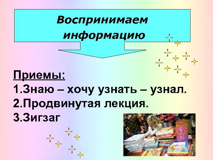 Воспринимаем информацию Приемы: 1. Знаю – хочу узнать – узнал. 2. Продвинутая лекция. 3.