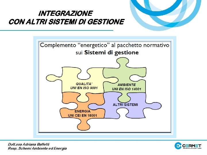 INTEGRAZIONE CON ALTRI SISTEMI DI GESTIONE Dott. ssa Adriana Baffetti Resp. Schemi Ambiente ed