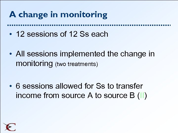 A change in monitoring • 12 sessions of 12 Ss each • All sessions