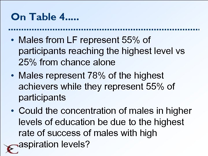 On Table 4. . . • Males from LF represent 55% of participants reaching