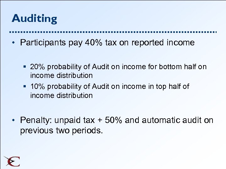 Auditing • Participants pay 40% tax on reported income § 20% probability of Audit