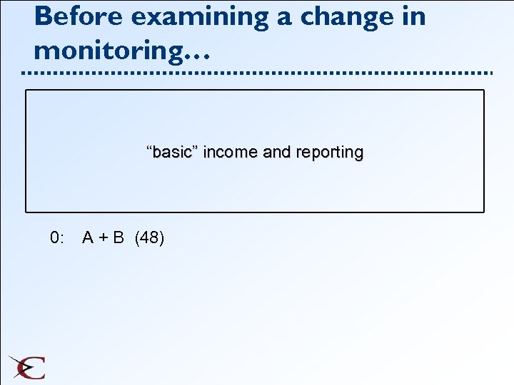 Before examining a change in monitoring… “basic” income and reporting 0: A + B