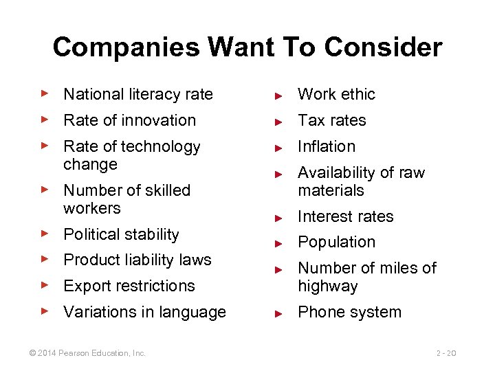 Companies Want To Consider ▶ National literacy rate ► Work ethic ▶ Rate of