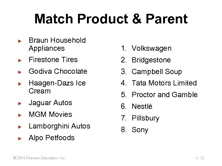 Match Product & Parent Braun Household Appliances 1. Volkswagen ► Firestone Tires 2. Bridgestone