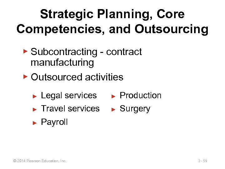 Strategic Planning, Core Competencies, and Outsourcing ▶ Subcontracting - contract manufacturing ▶ Outsourced activities