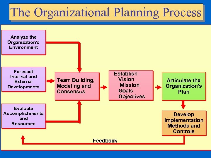 The Organizational Planning Process Analyze the Organization's Environment Forecast Internal and External Developments Team