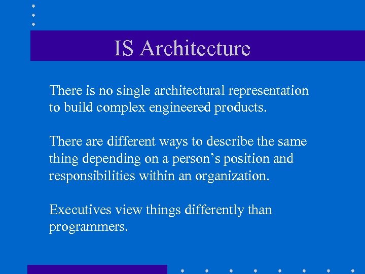 IS Architecture There is no single architectural representation to build complex engineered products. There