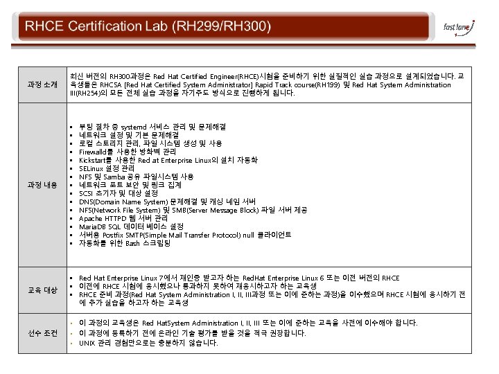 과정 소개 최신 버전의 RH 300과정은 Red Hat Certified Engineer(RHCE)시험을 준비하기 위한 실질적인 실습