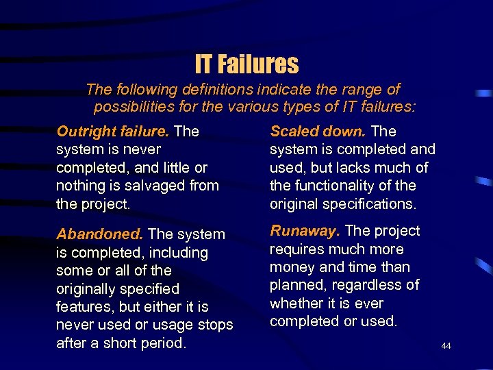 IT Failures The following definitions indicate the range of possibilities for the various types