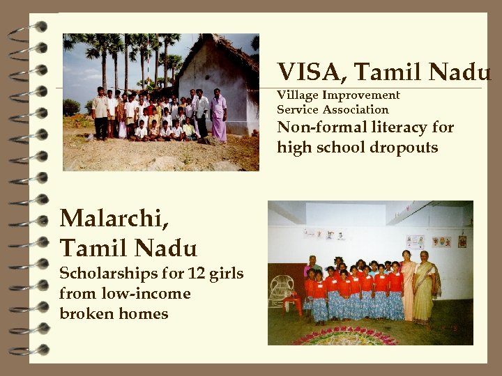 VISA, Tamil Nadu Village Improvement Service Association Non-formal literacy for high school dropouts Malarchi,