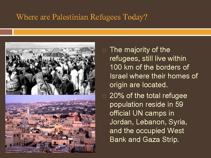 Where are Palestinian Refugees Today? The majority of the refugees, still live within 100