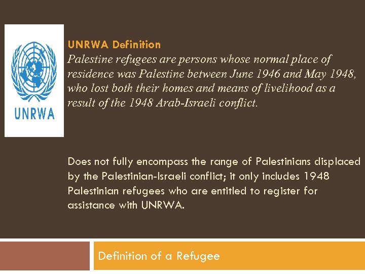 UNRWA Definition Palestine refugees are persons whose normal place of residence was Palestine between
