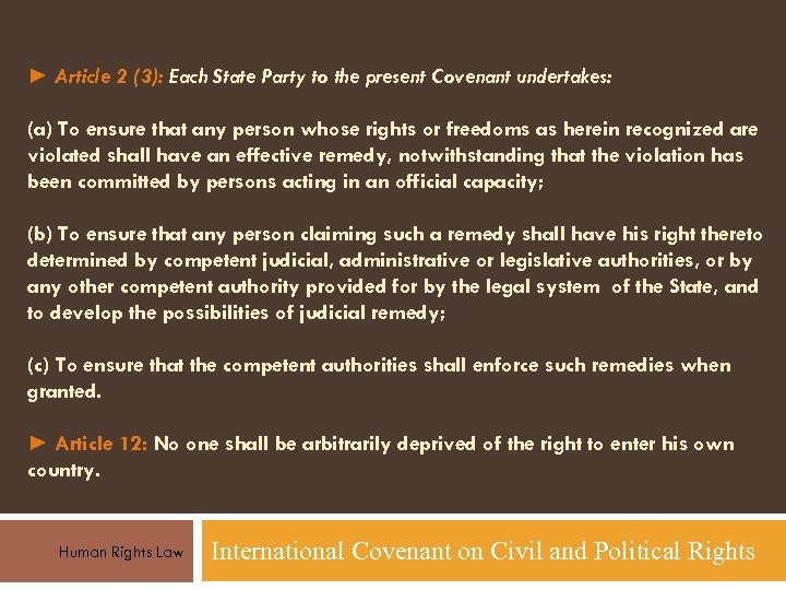 ► Article 2 (3): Each State Party to the present Covenant undertakes: (a) To