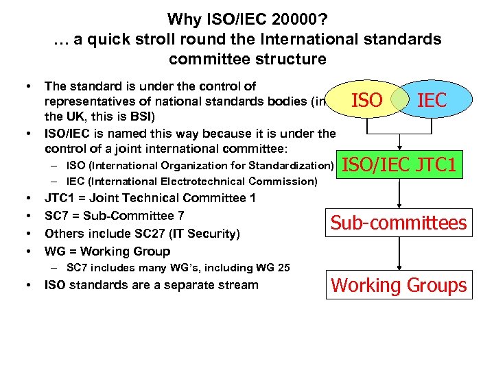 Why ISO/IEC 20000? … a quick stroll round the International standards committee structure •