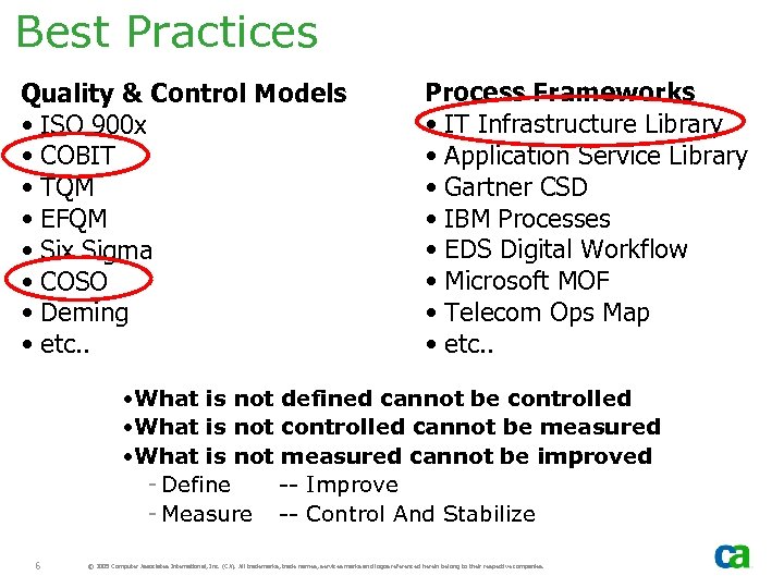 Best Practices Quality & Control Models • ISO 900 x • COBIT • TQM