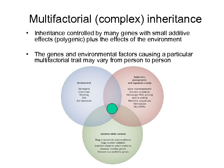 Multifactorial (complex) inheritance • Inheritance controlled by many genes with small additive effects (polygenic)