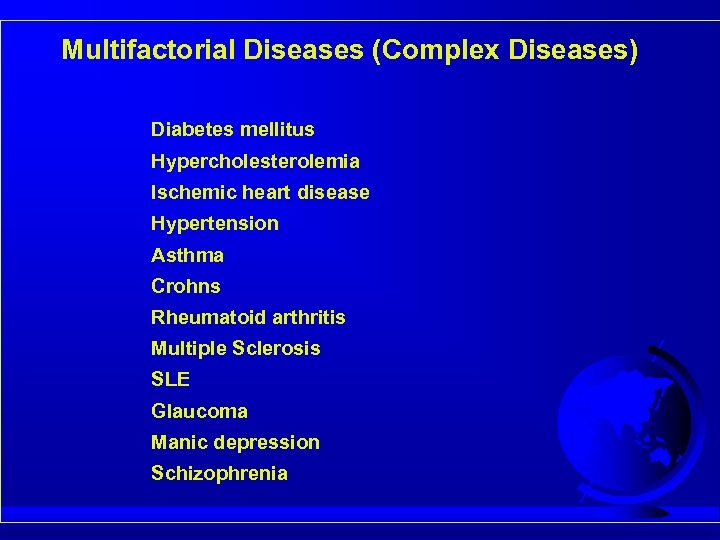 Multifactorial Diseases (Complex Diseases) Diabetes mellitus Hypercholesterolemia Ischemic heart disease Hypertension Asthma Crohns Rheumatoid