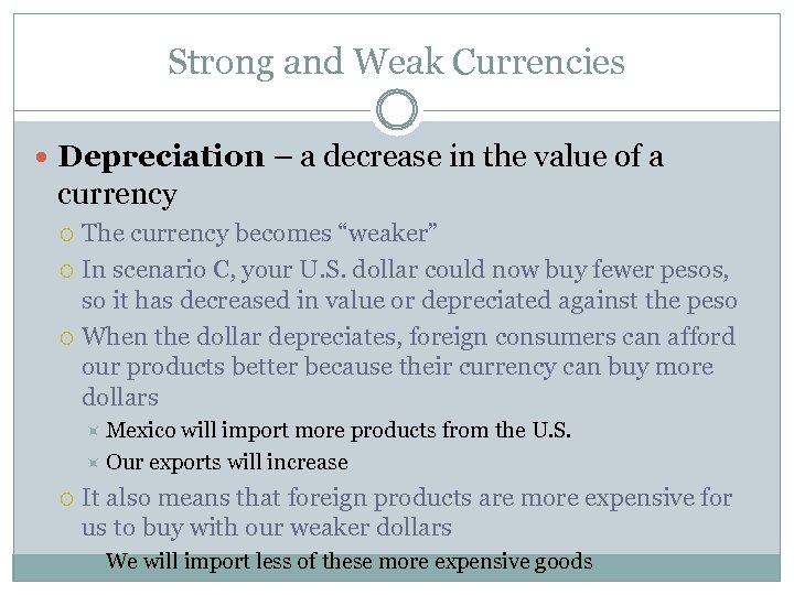 Strong and Weak Currencies Depreciation – a decrease in the value of a currency