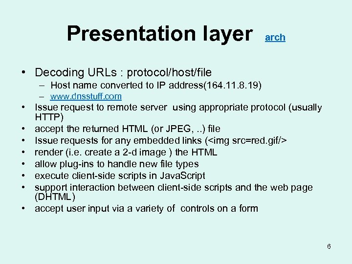 Presentation layer arch • Decoding URLs : protocol/host/file – Host name converted to IP