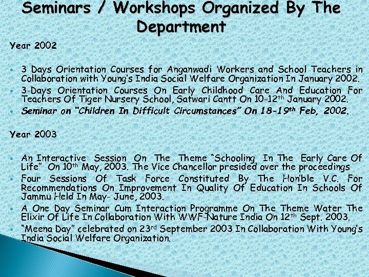 Seminars / Workshops Organized By The Department Year 2002 3 Days Orientation Courses for