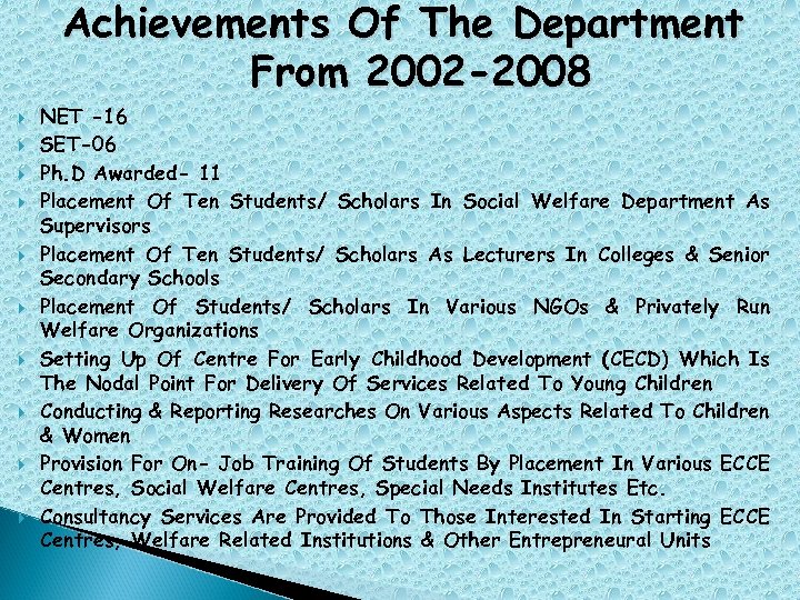 Achievements Of The Department From 2002 -2008 NET -16 SET-06 Ph. D Awarded- 11