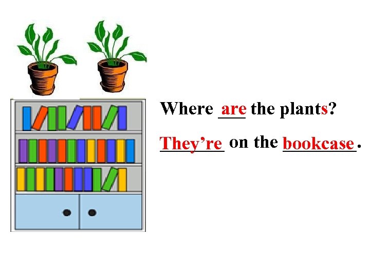 Where ___ the plants? are ________. They’re on the bookcase 