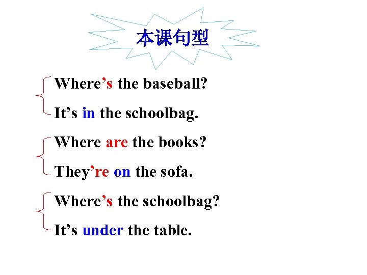 本课句型 Where’s the baseball? It’s in the schoolbag. Where are the books? They’re on