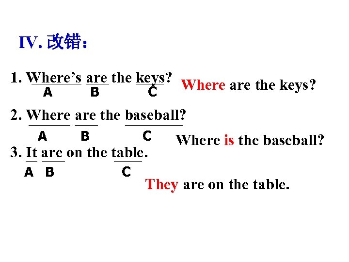 Ⅳ. 改错： 1. Where’s are the keys? Where are the keys? A B C
