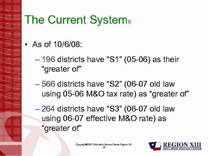 The Current System 9 • As of 10/6/08: – 196 districts have “S 1”