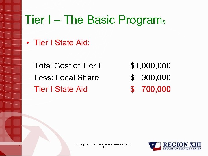 Tier I – The Basic Program 9 • Tier I State Aid: Total Cost