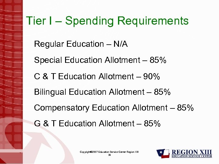 Tier I – Spending Requirements Regular Education – N/A Special Education Allotment – 85%