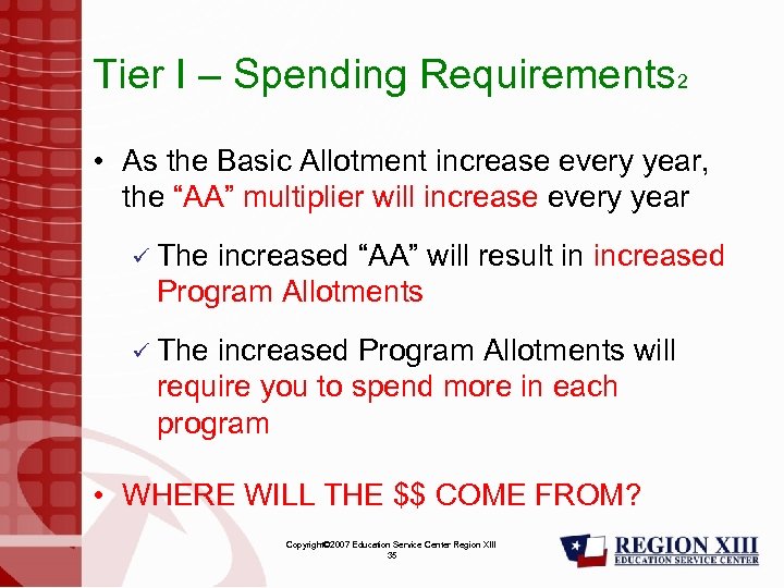 Tier I – Spending Requirements 2 • As the Basic Allotment increase every year,