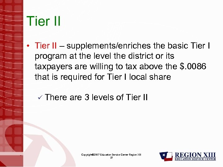 Tier II • Tier II – supplements/enriches the basic Tier I program at the