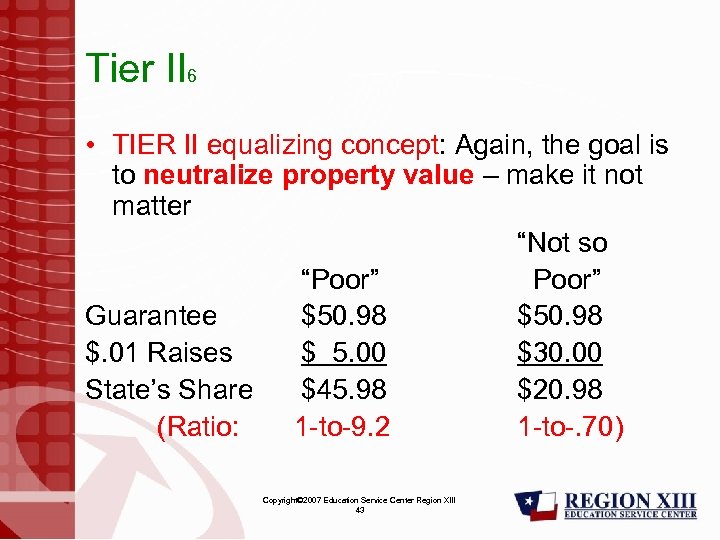 Tier II 6 • TIER II equalizing concept: Again, the goal is to neutralize