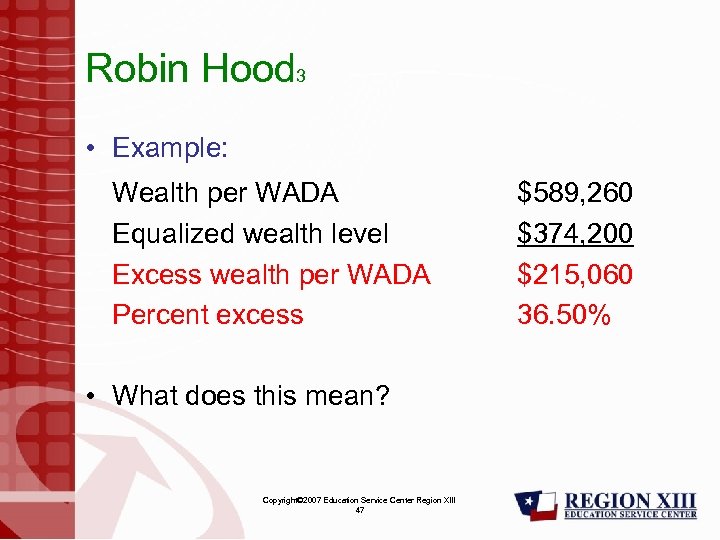 Robin Hood 3 • Example: Wealth per WADA Equalized wealth level Excess wealth per